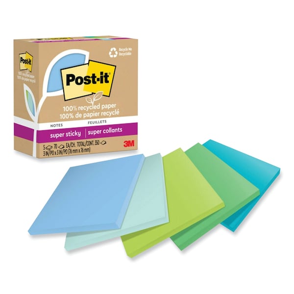100% Recycled Paper Super Sticky Notes, 3 x 3, Oasis, 70 Sheets/Pad, 5PK